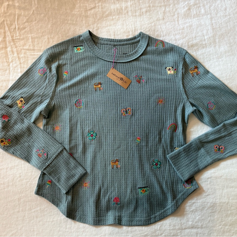 Natural Life Blue Long Sleeve Shirt with Colorful Embroidery NWT size X-Small